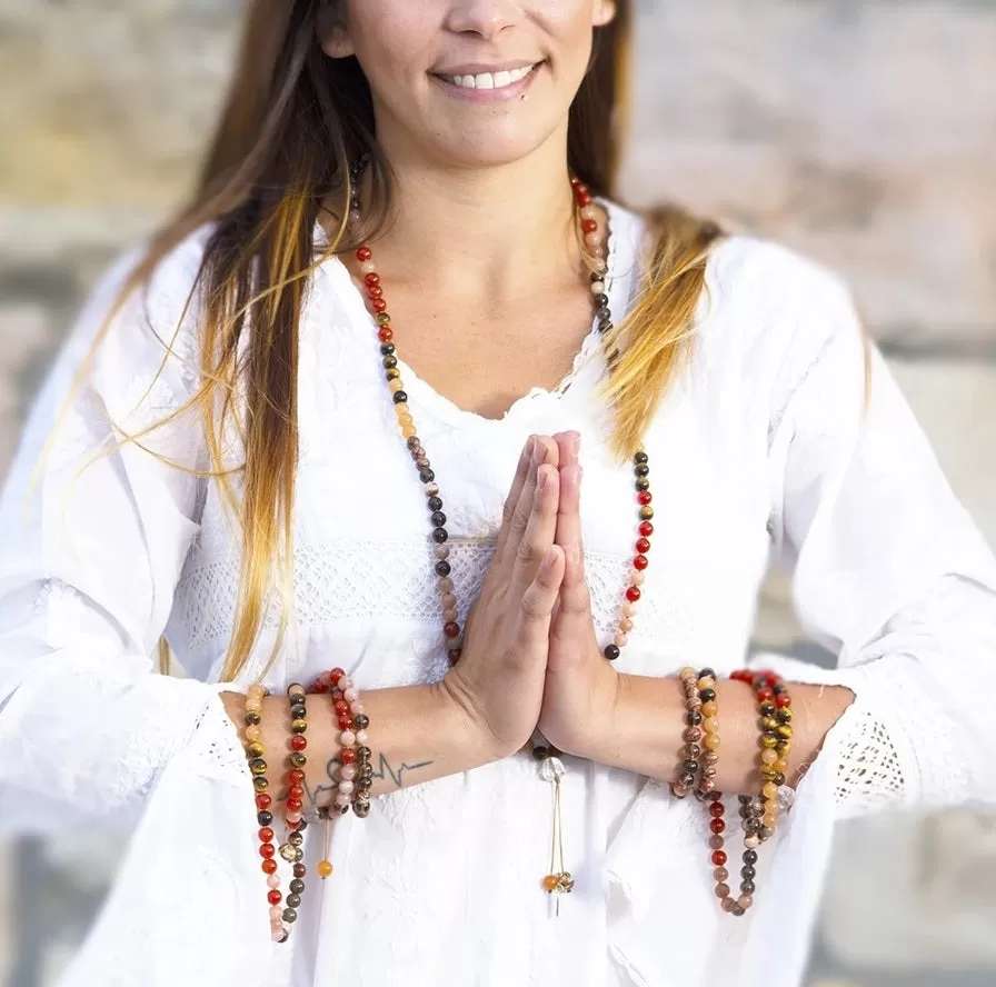 108 Beads in Orange Carnelian, Smoky Quartz, Aura Quartz, Peach Moonstone Mala Necklace