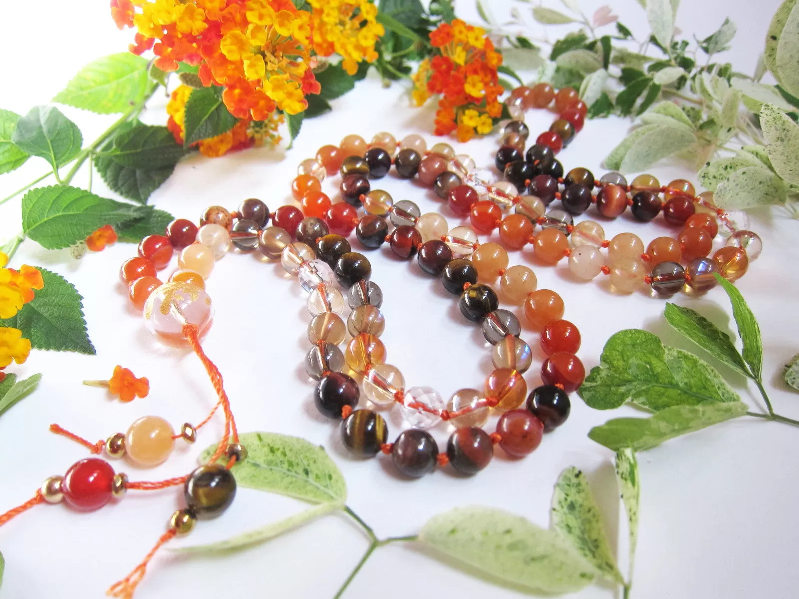 108 Beads in Orange Carnelian, Smoky Quartz, Aura Quartz, Peach Moonstone Mala Necklace