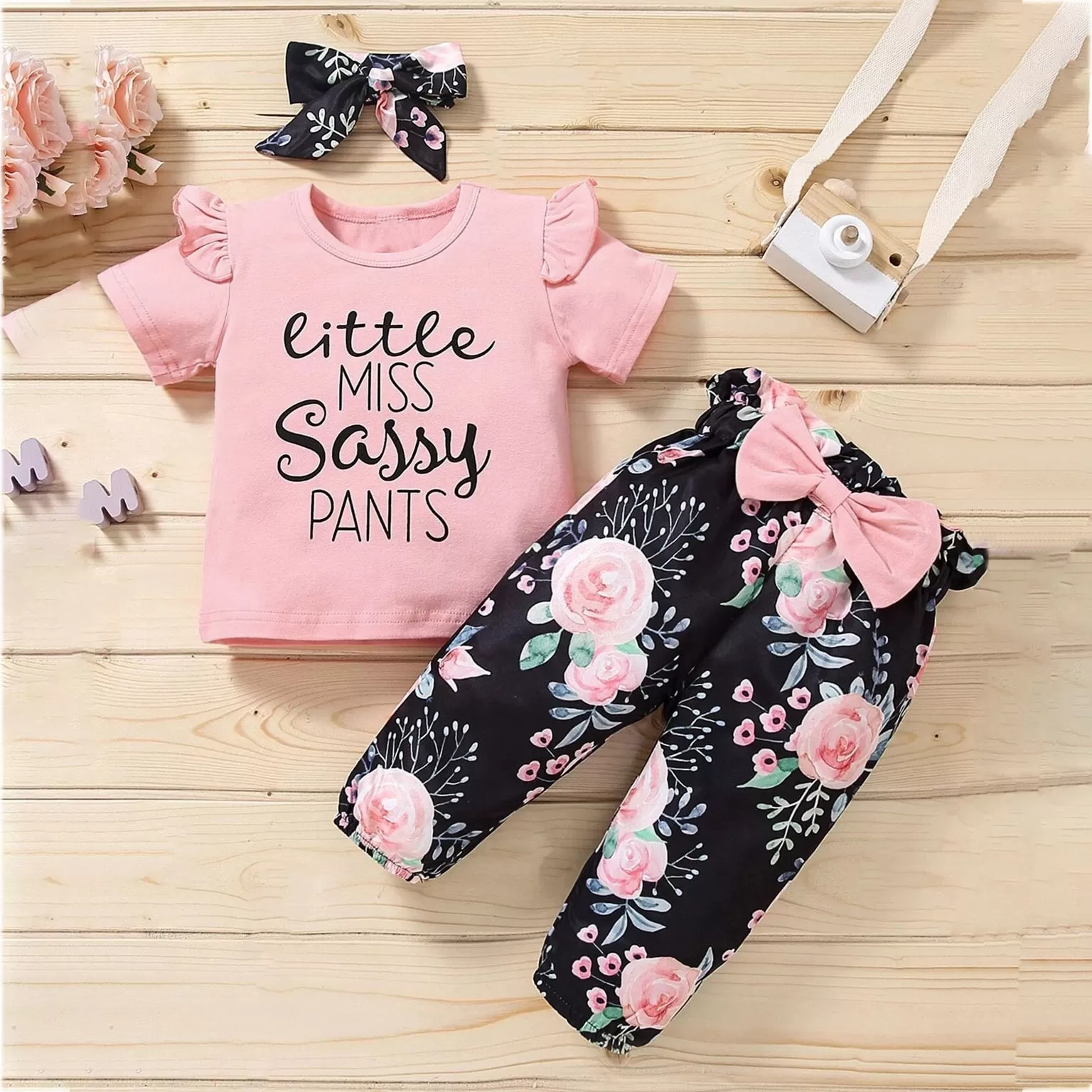 2 Pieces Set Baby Girls Letters Tops And Flower Print Pants