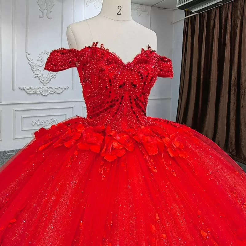 3D flower applique red ball gown luxury evening gala quinceanera wedding dress