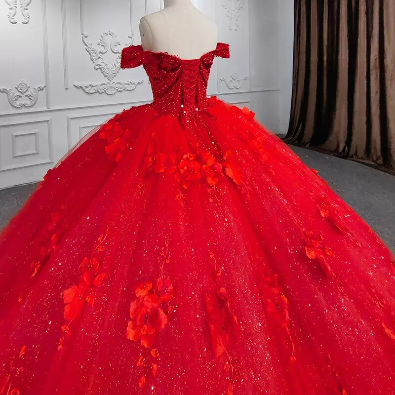 3D flower applique red ball gown luxury evening gala quinceanera wedding dress