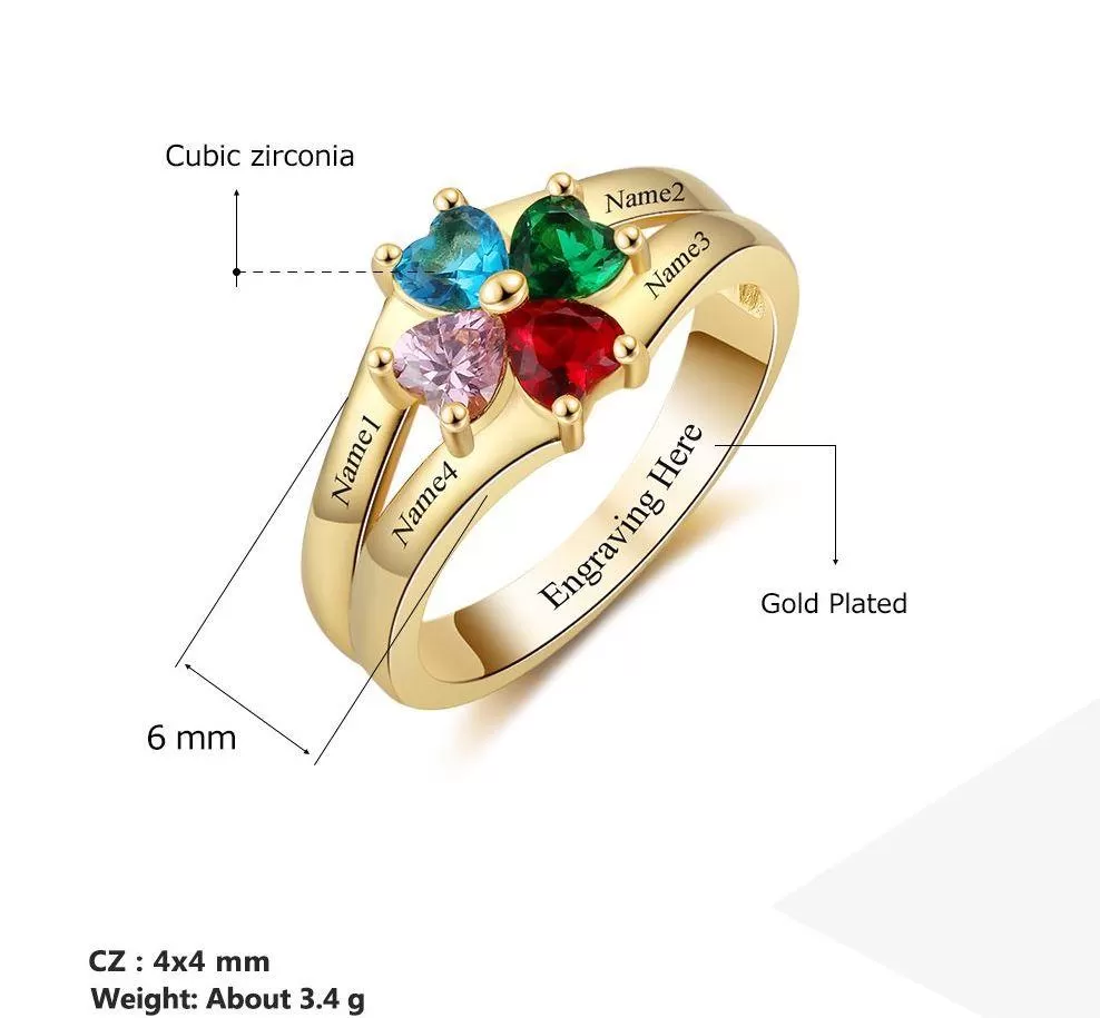 4 Heart Birthstone Mother's Ring 14k Gold Flower Flower Design