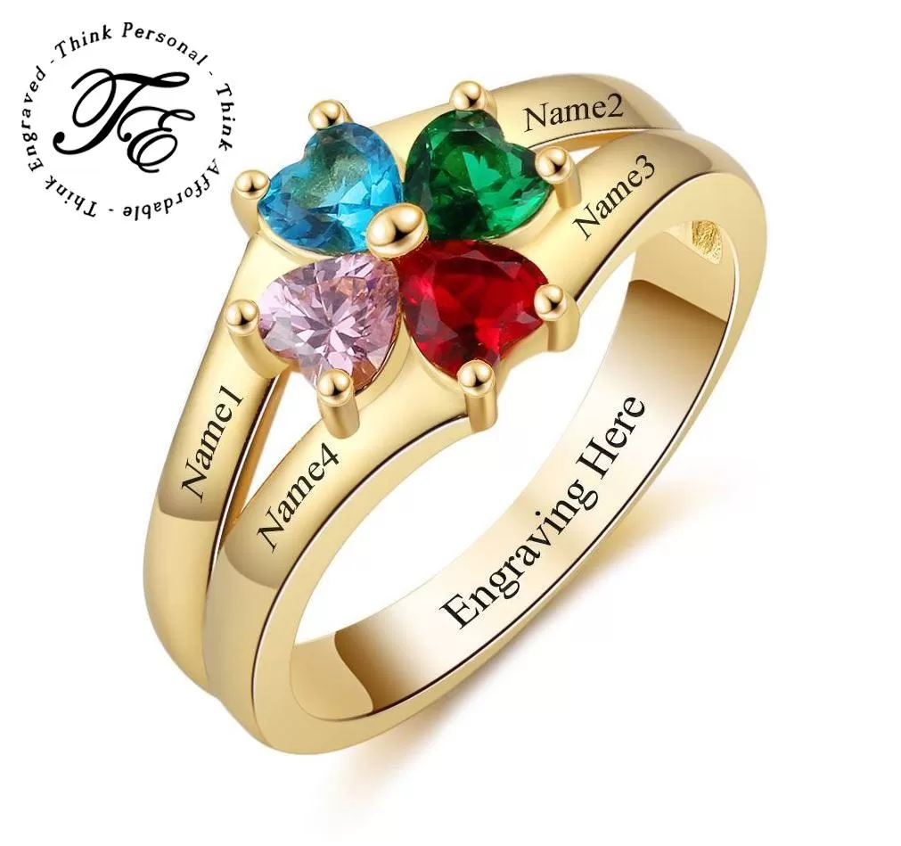 4 Heart Birthstone Mother's Ring 14k Gold Flower Flower Design