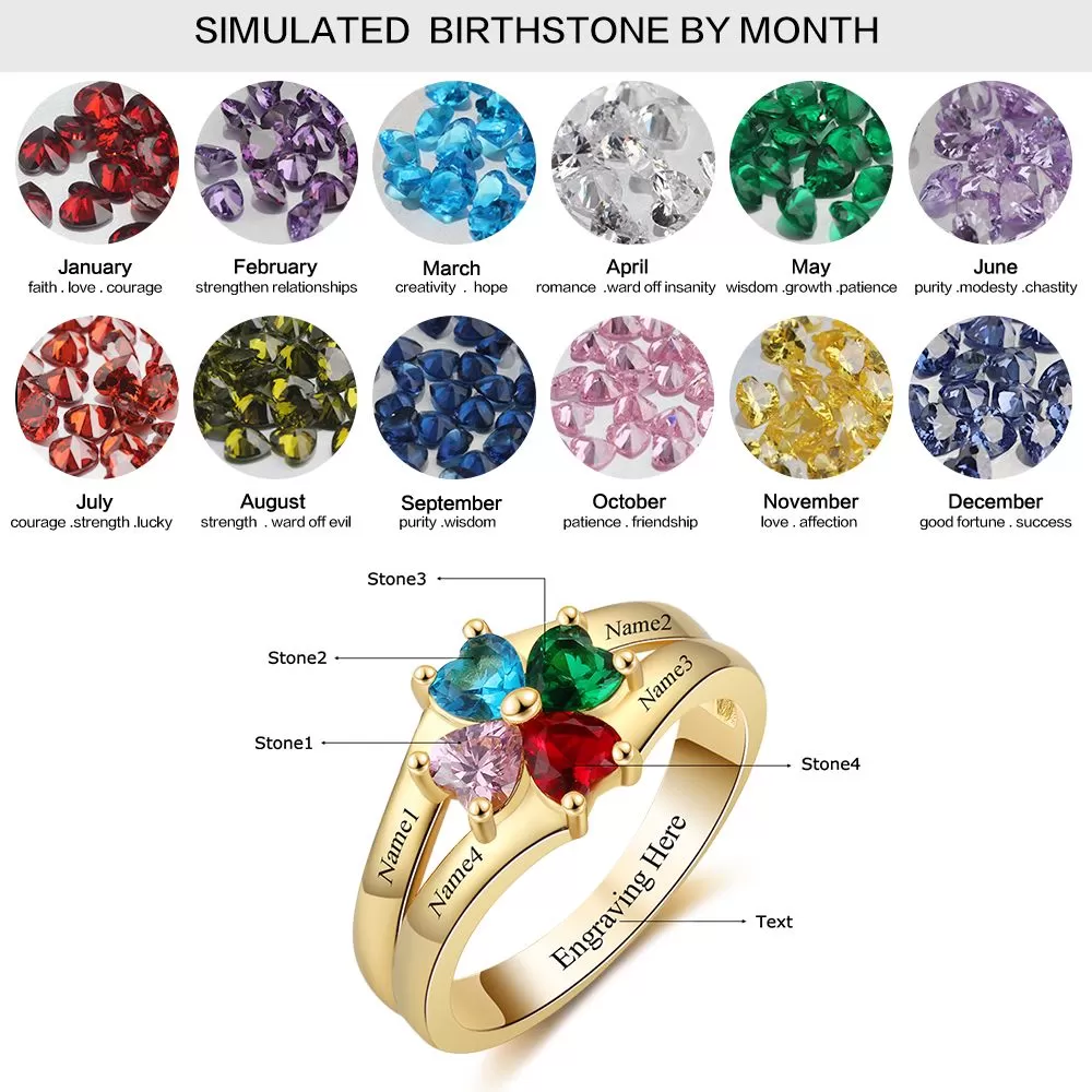 4 Heart Birthstone Mother's Ring 14k Gold Flower Flower Design