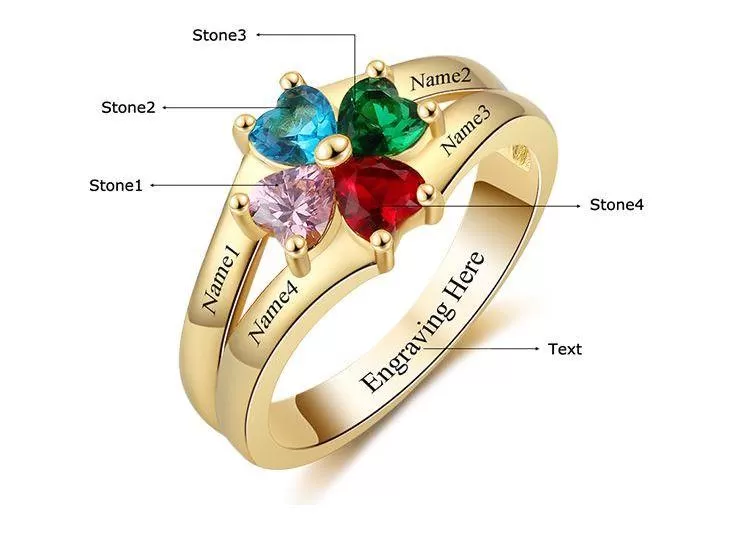 4 Heart Birthstone Mother's Ring 14k Gold Flower Flower Design