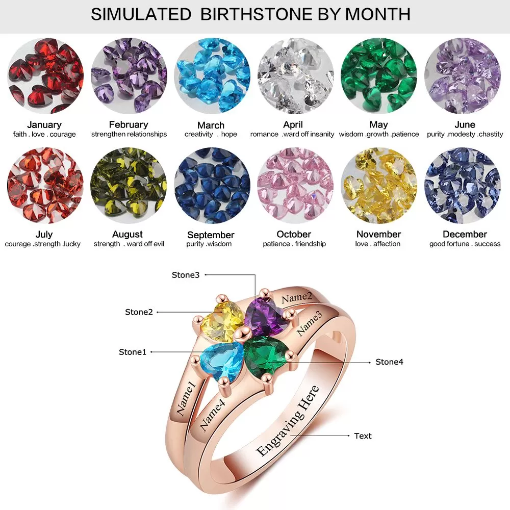 4 Heart Birthstone Mother's Ring 14k Gold Flower Flower Design