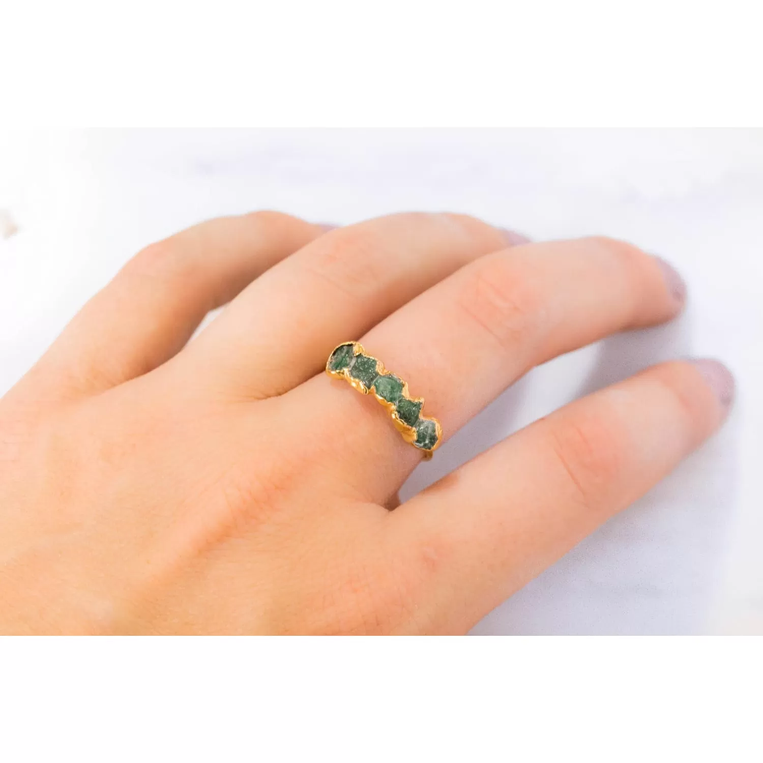 5 Stone Raw Emerald Ring in Yellow Gold