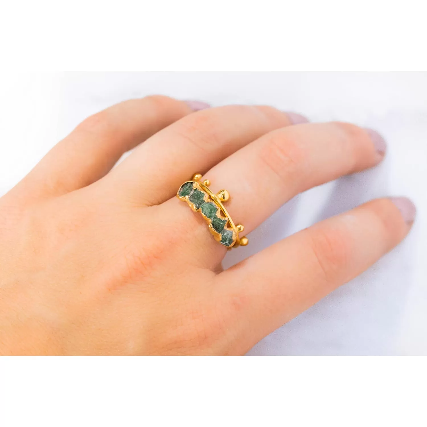 5 Stone Raw Emerald Ring in Yellow Gold