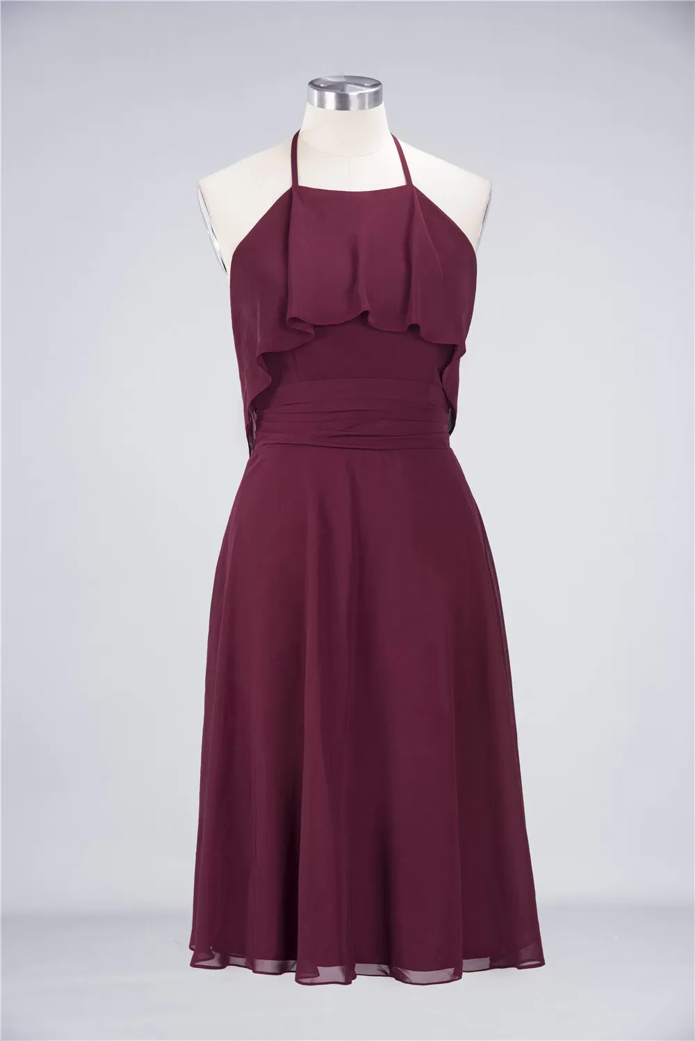 A-Line Chiffon Halter Sleeveless Short Bridesmaid Dress with Ruffles