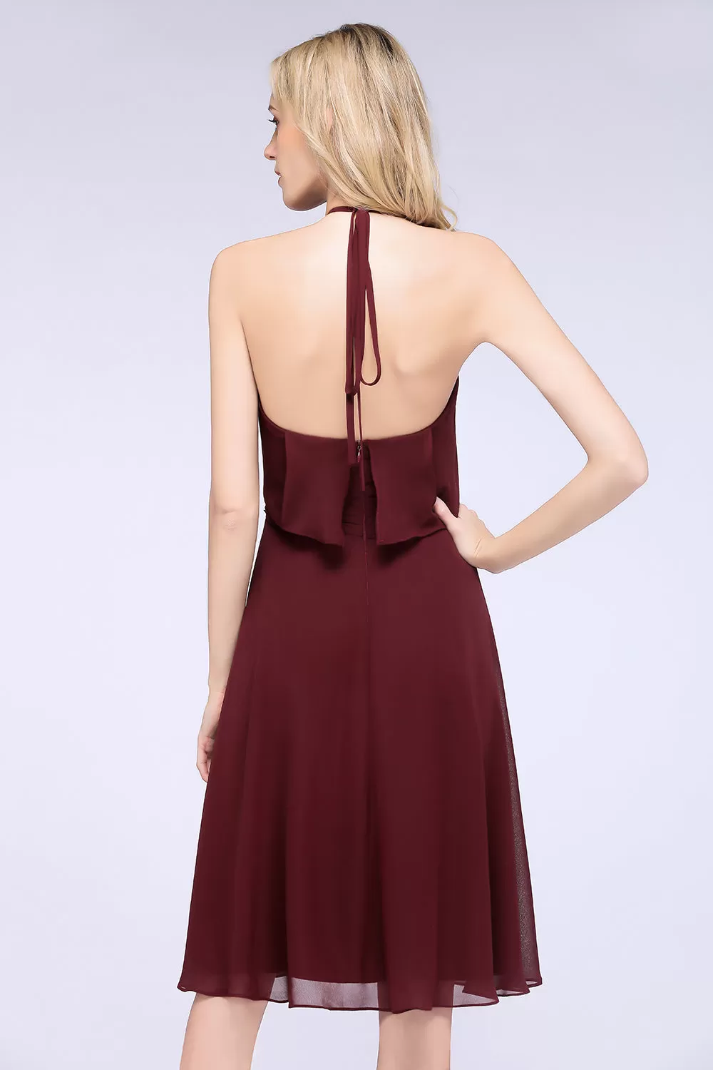 A-Line Chiffon Halter Sleeveless Short Bridesmaid Dress with Ruffles