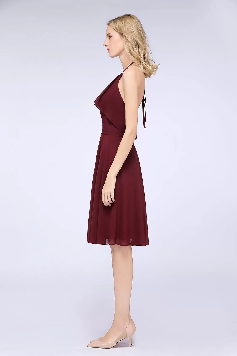 A-Line Chiffon Halter Sleeveless Short Bridesmaid Dress with Ruffles