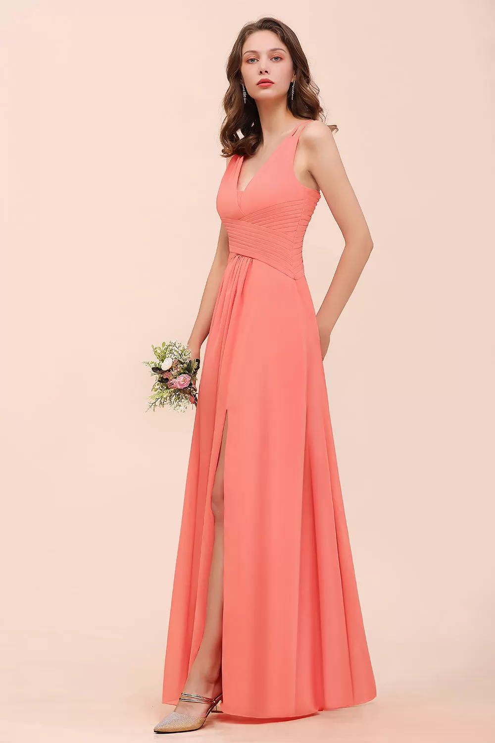 A-line V-neck Chiffon Long Bridesmaid Dress with Slit