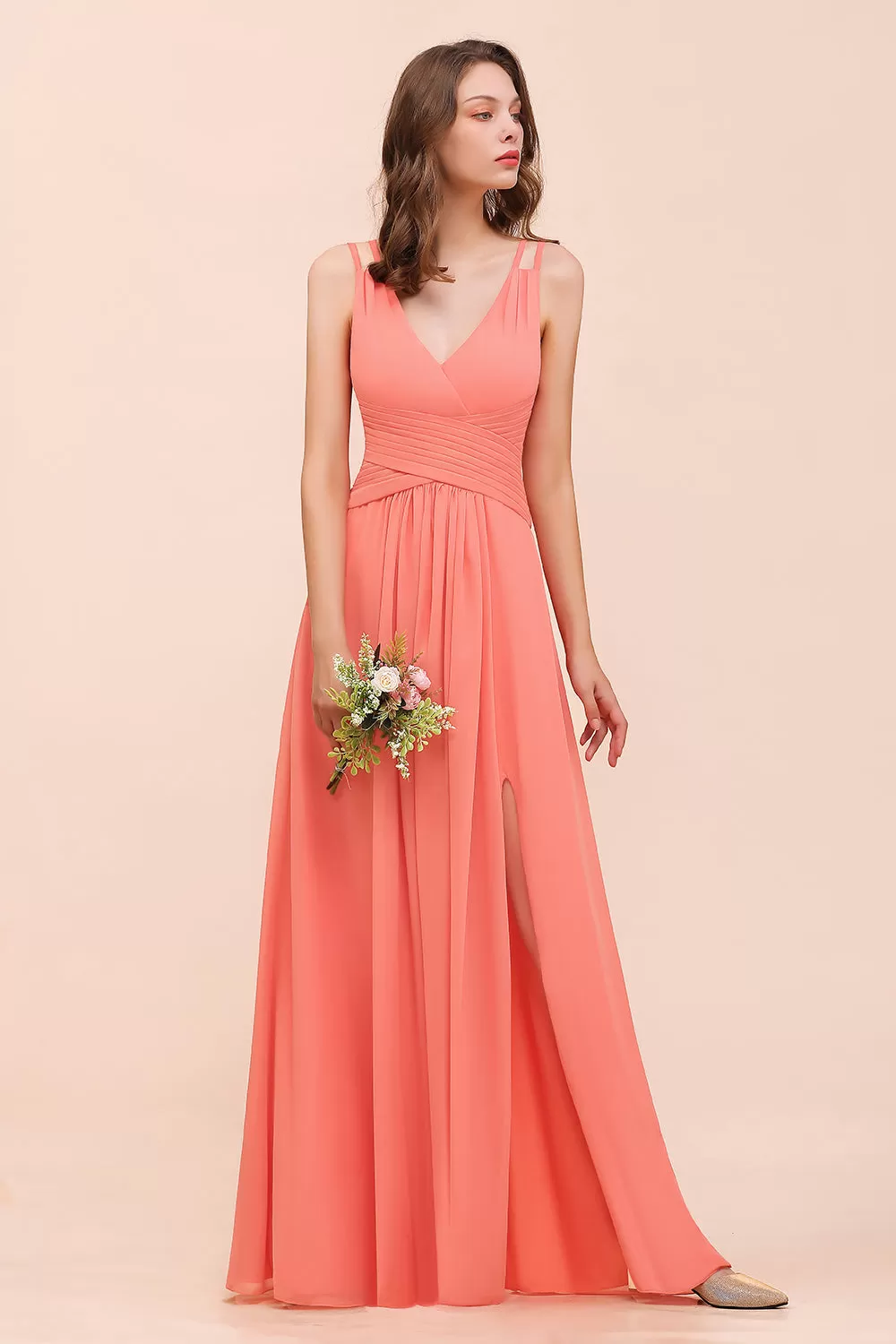 A-line V-neck Chiffon Long Bridesmaid Dress with Slit