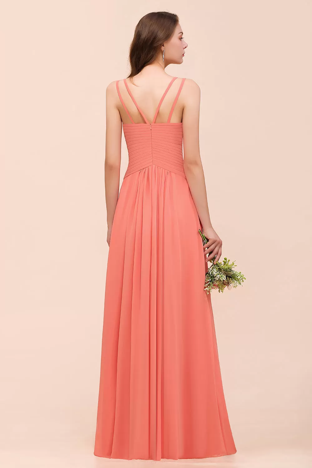 A-line V-neck Chiffon Long Bridesmaid Dress with Slit