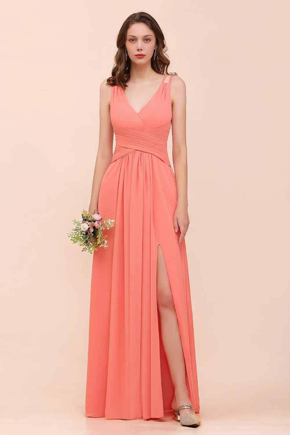 A-line V-neck Chiffon Long Bridesmaid Dress with Slit