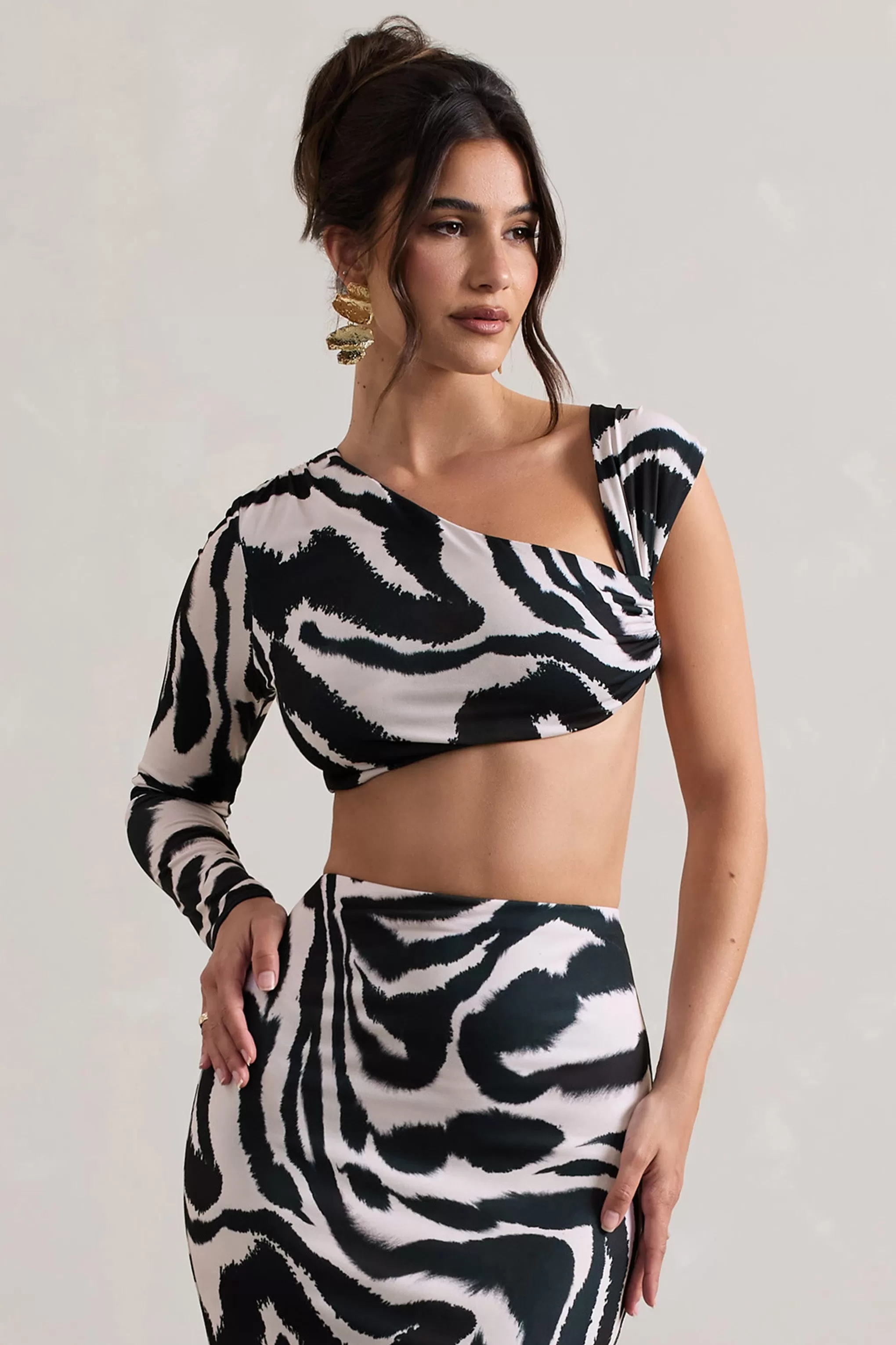 Agalia | Zebra Print Ruched Asymmetric One-Sleeve Crop Top