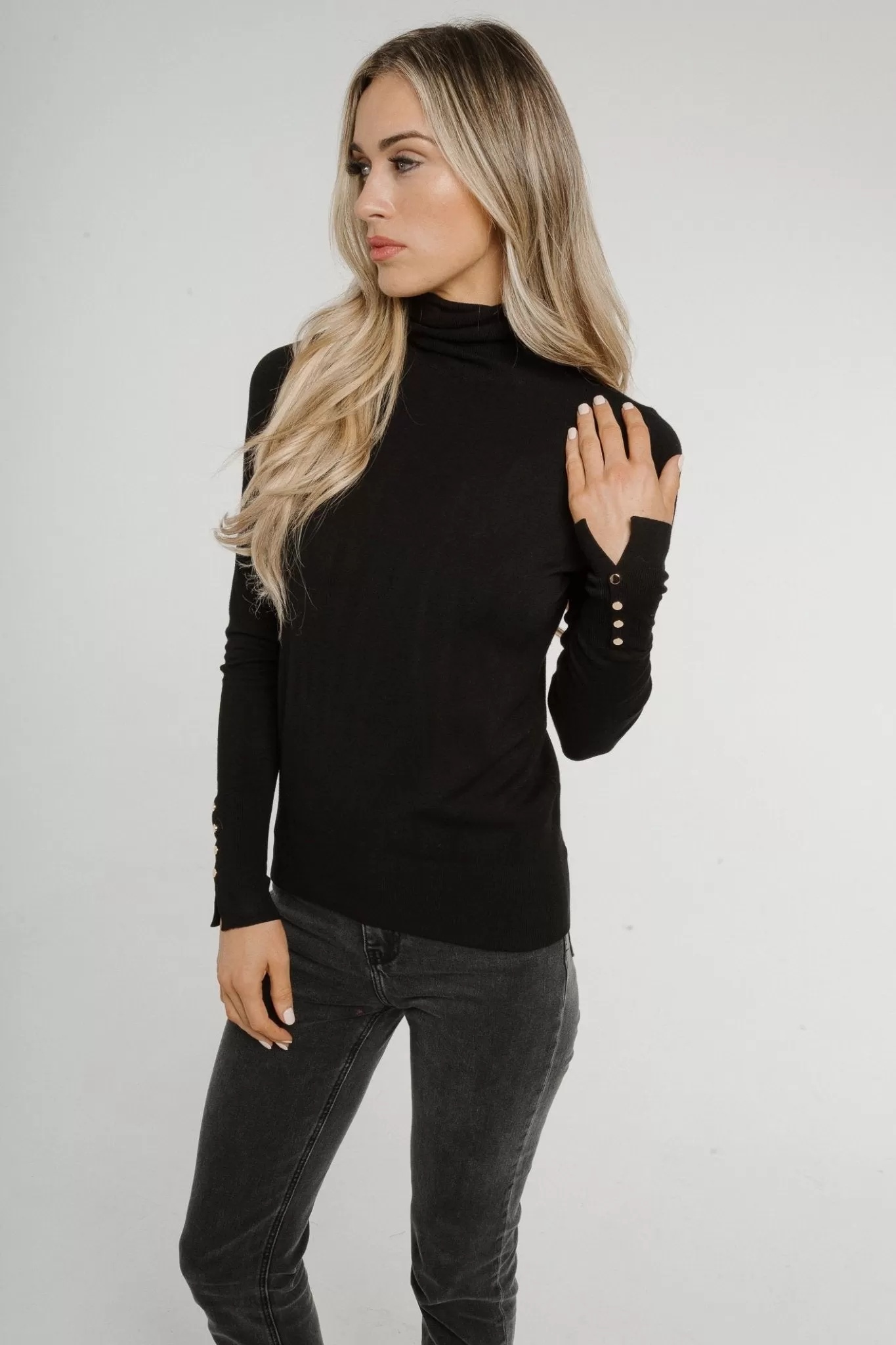 Ally Button Cuff Polo Neck In Black