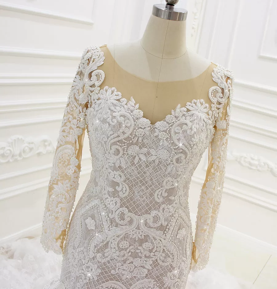 AM036 O-Neck Long Sleeve Shiny Pearls Champagne Mermaid Wedding Dress