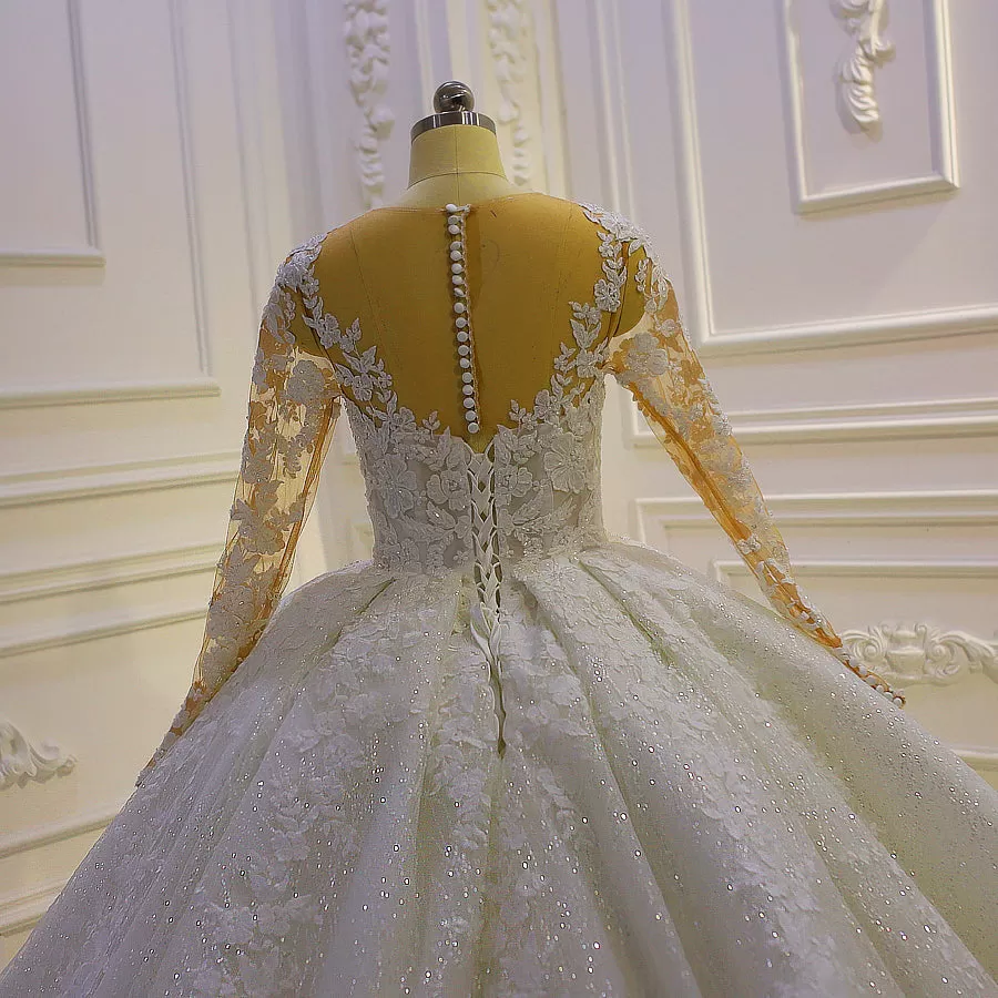 AM1067 High End Long Sleeve Lace Appliques Ball Gown Wedding Dress