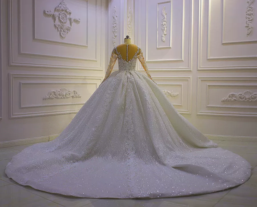 AM1067 High End Long Sleeve Lace Appliques Ball Gown Wedding Dress