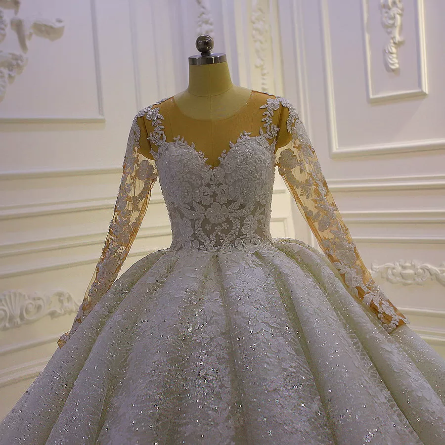 AM1067 High End Long Sleeve Lace Appliques Ball Gown Wedding Dress