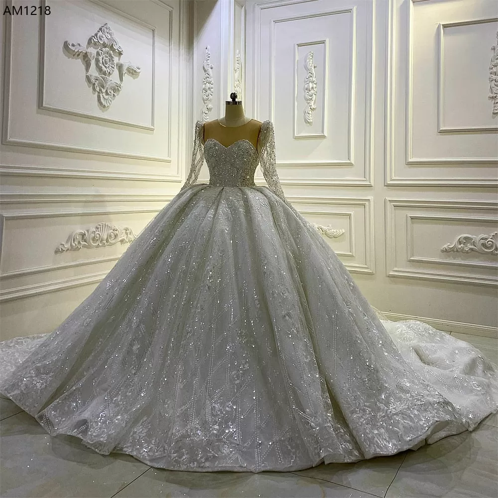 AM1218 Full Sleeve Lace Ball Gown Luxury Wedding Dress