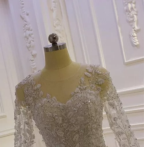 AM1219 Long Sleeve Lace crystal bead ball gown luxury Wedding Dress