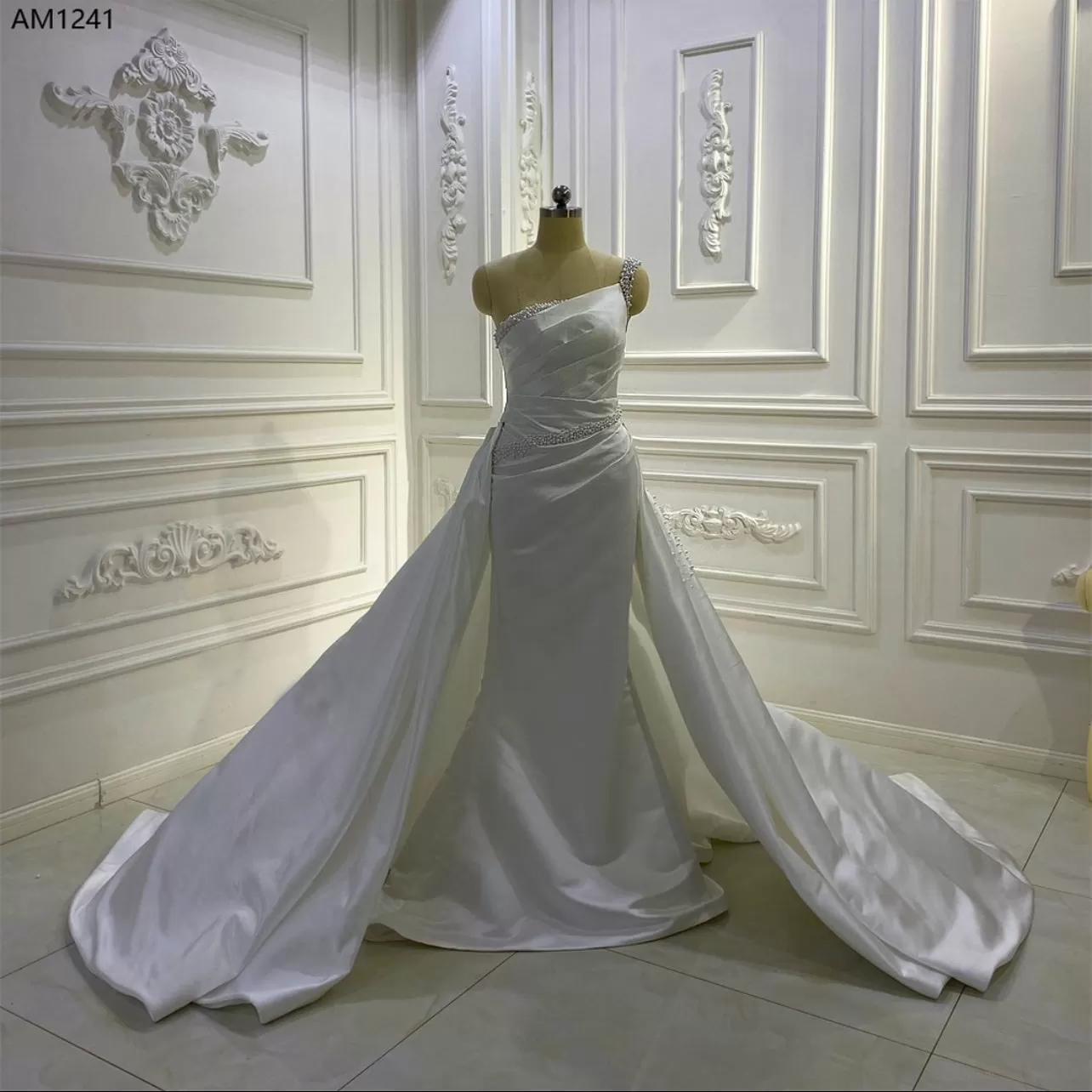 AM1241 One Shoulder Detachable Train luxury satin Wedding Dress