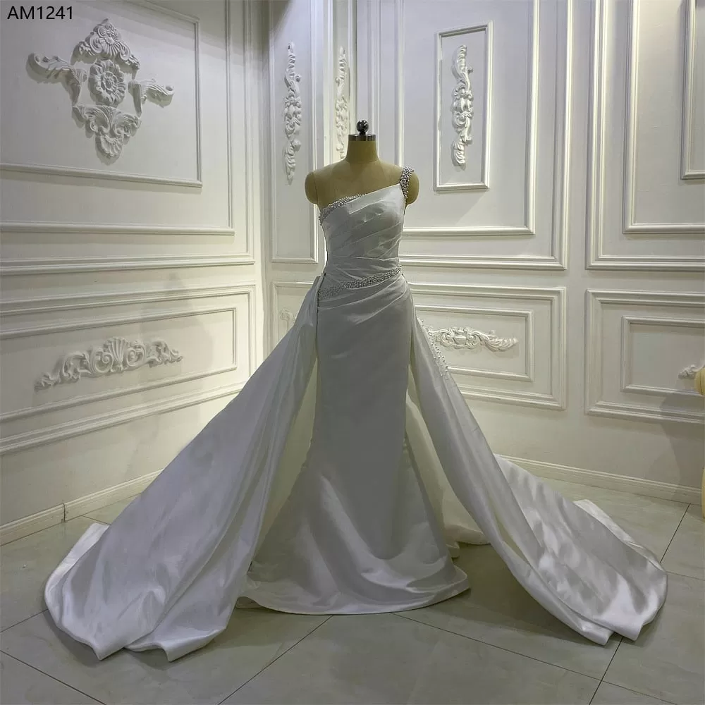 AM1241 One Shoulder Detachable Train luxury satin Wedding Dress