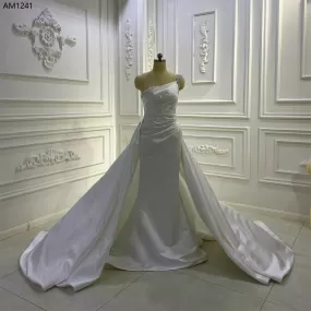 AM1241 One Shoulder Detachable Train luxury satin Wedding Dress