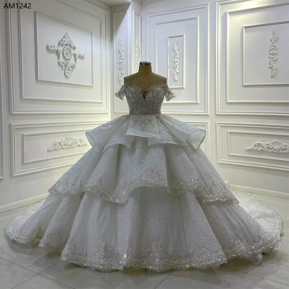 AM1242 Off Shoulder Ruffles Plus size short sleeve Luxury Wedding Dress