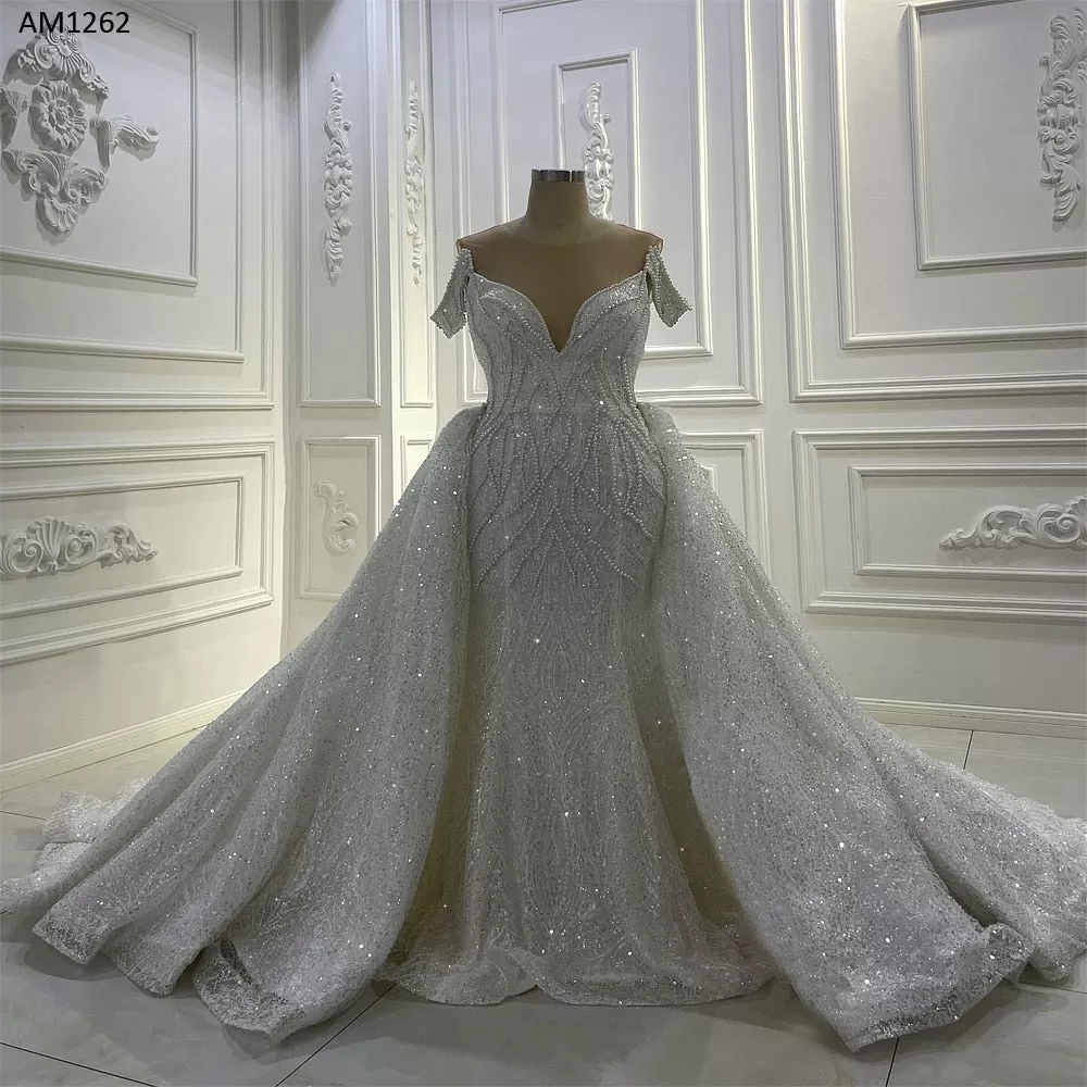 AM1262 Detachable Skirt Pearls Lace Luxury Wedding Dress