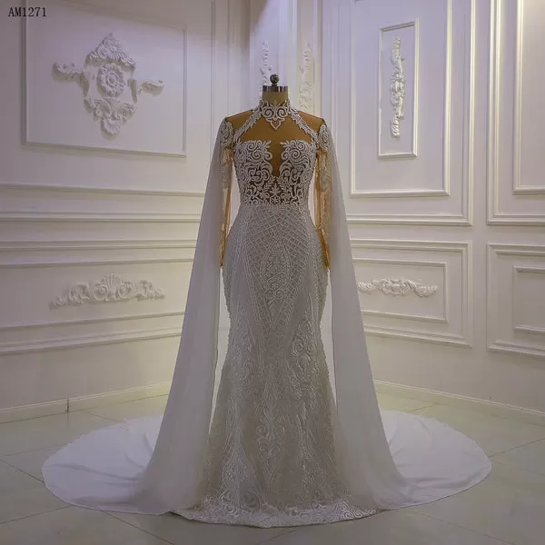 AM1271 Simple Lace Cape Chiffon luxuryWedding Dress