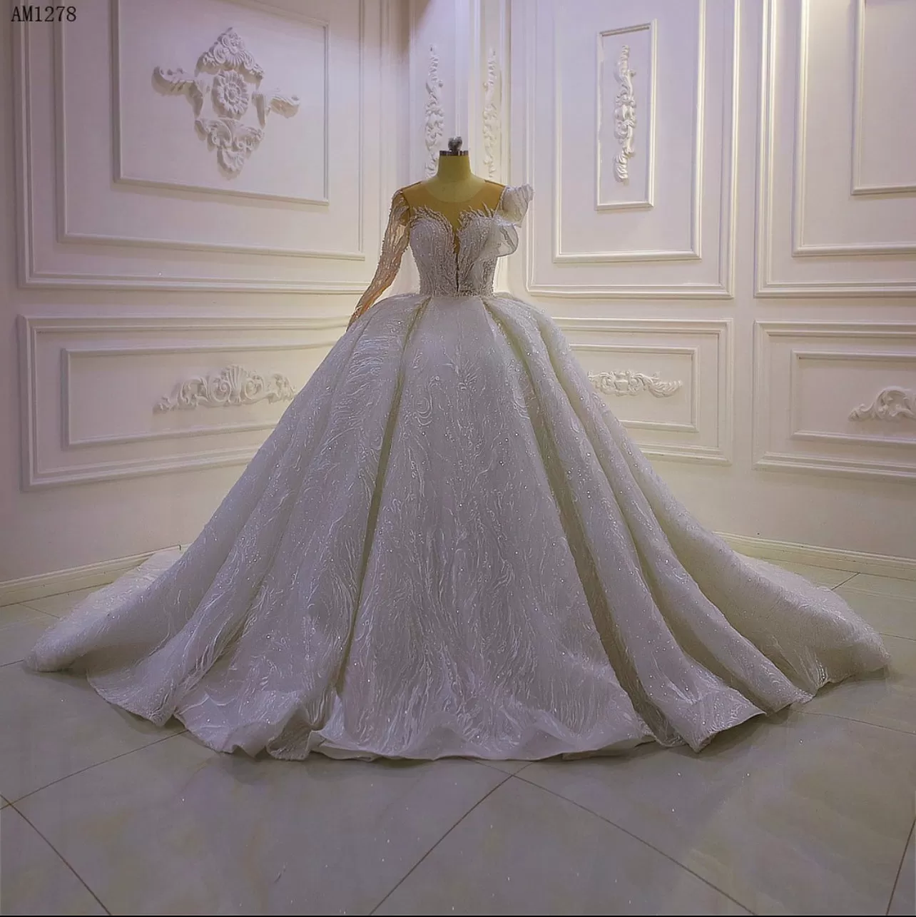 AM1278 One Shoulder Long Sleeve Ball Gown luxury Wedding Dress