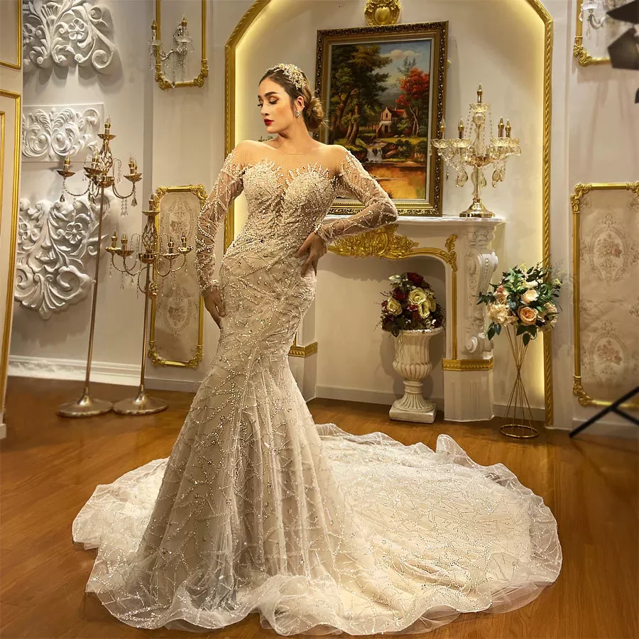 AM1344 Long Sleeve Champagne Mermiad luxury Wedding Dress