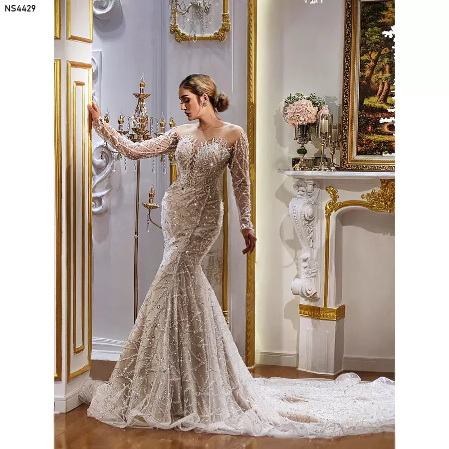 AM1344 Long Sleeve Champagne Mermiad luxury Wedding Dress