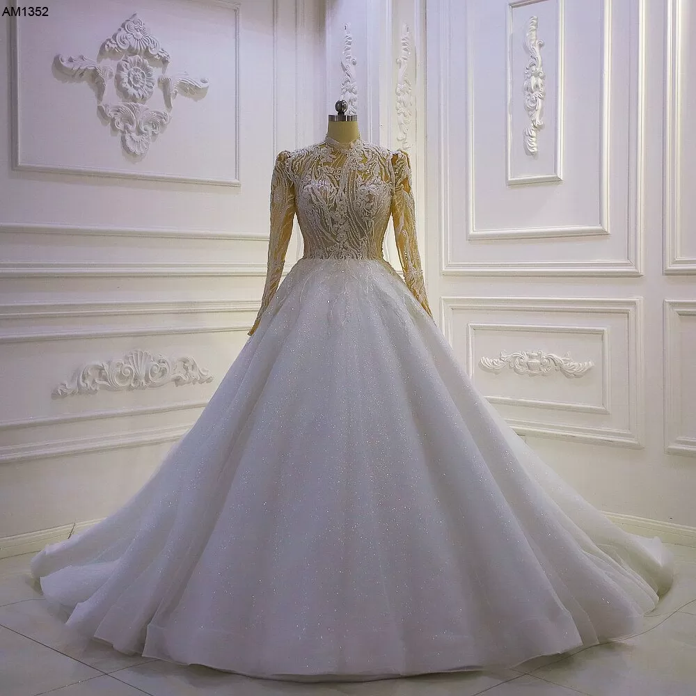 AM1352 High Neck Long Sleeve Lace Ball Gown Luxury Wedding Dress