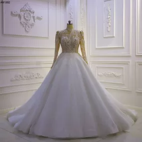 AM1352 High Neck Long Sleeve Lace Ball Gown Luxury Wedding Dress