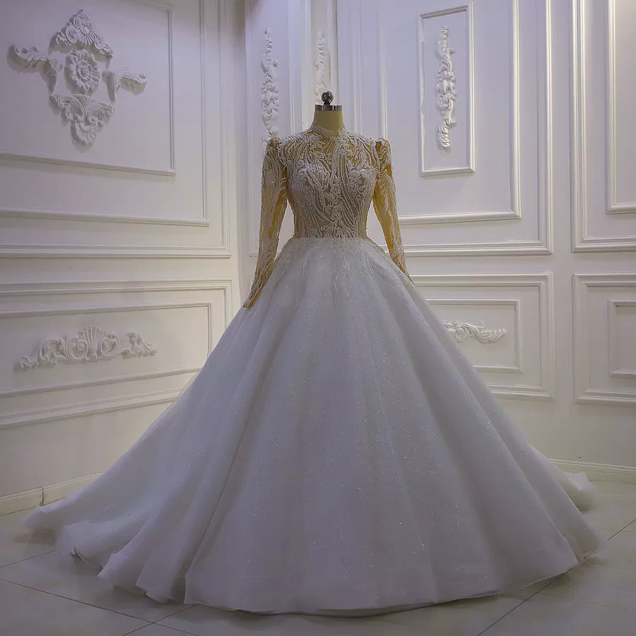 AM1352 High Neck Long Sleeve Lace Ball Gown Luxury Wedding Dress