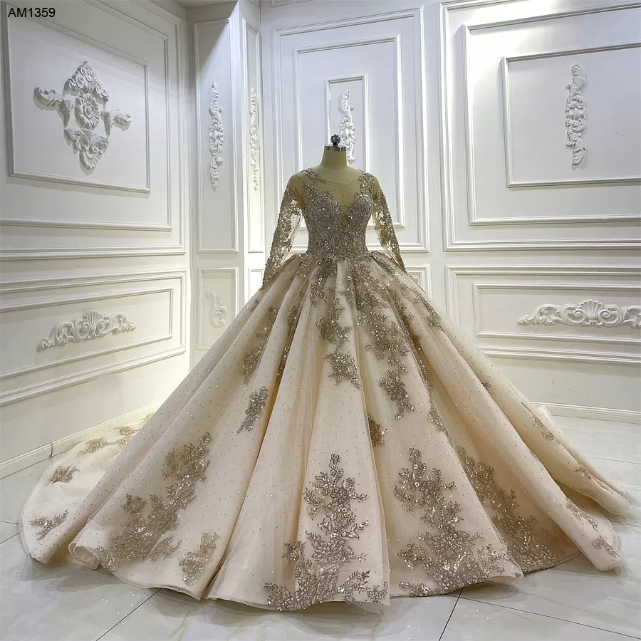 AM1359 Champagne V-neck Long Sleeve Full Beading Ball Gown Wedding Dress