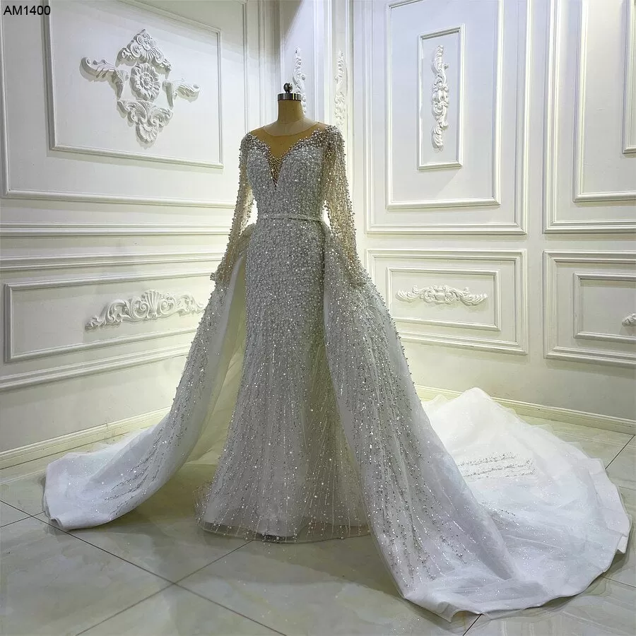 AM1400 Luxury Long Sleeve V-neck Full Beading Sequin Lace 2 In 1 Mermaid Wedding Dress