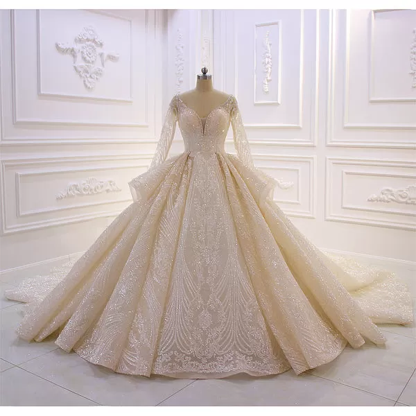 AM279 Full Sleeve Crystal Beads Pleated Champagne Luxury Wedding Dress