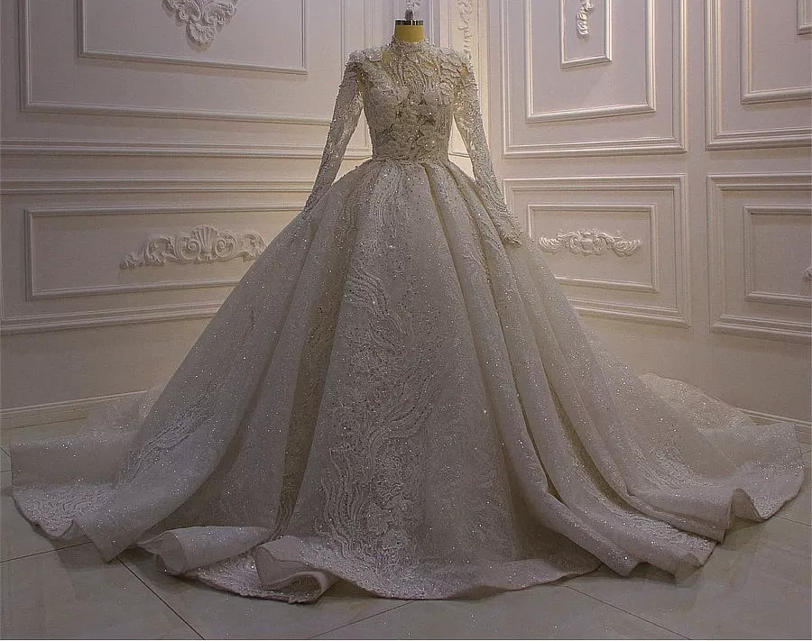 AM576 High Neck Long Sleeve Lace Applique Luxury Wedding Dress