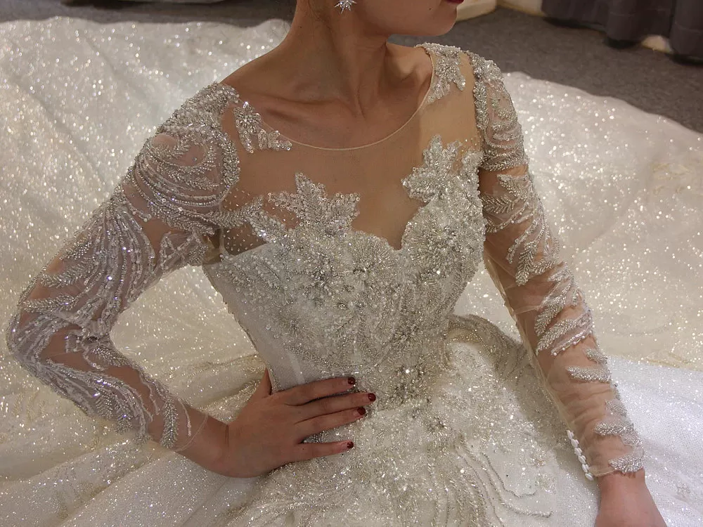 AM595 Long Sleeve crystal beads Appliques Glitter Sparkly luxury ball gown Wedding Dress