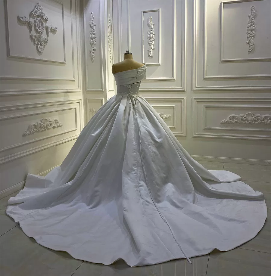 AM747 Off Shoulder Crystal Satin Ball Gown Wedding Dress