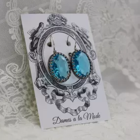 Aqua Blue Crystal Crown Earrings - Large Ovals