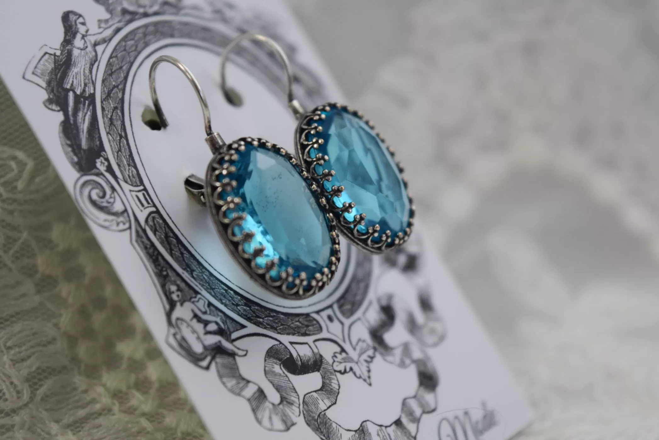 Aqua Blue Crystal Crown Earrings - Large Ovals