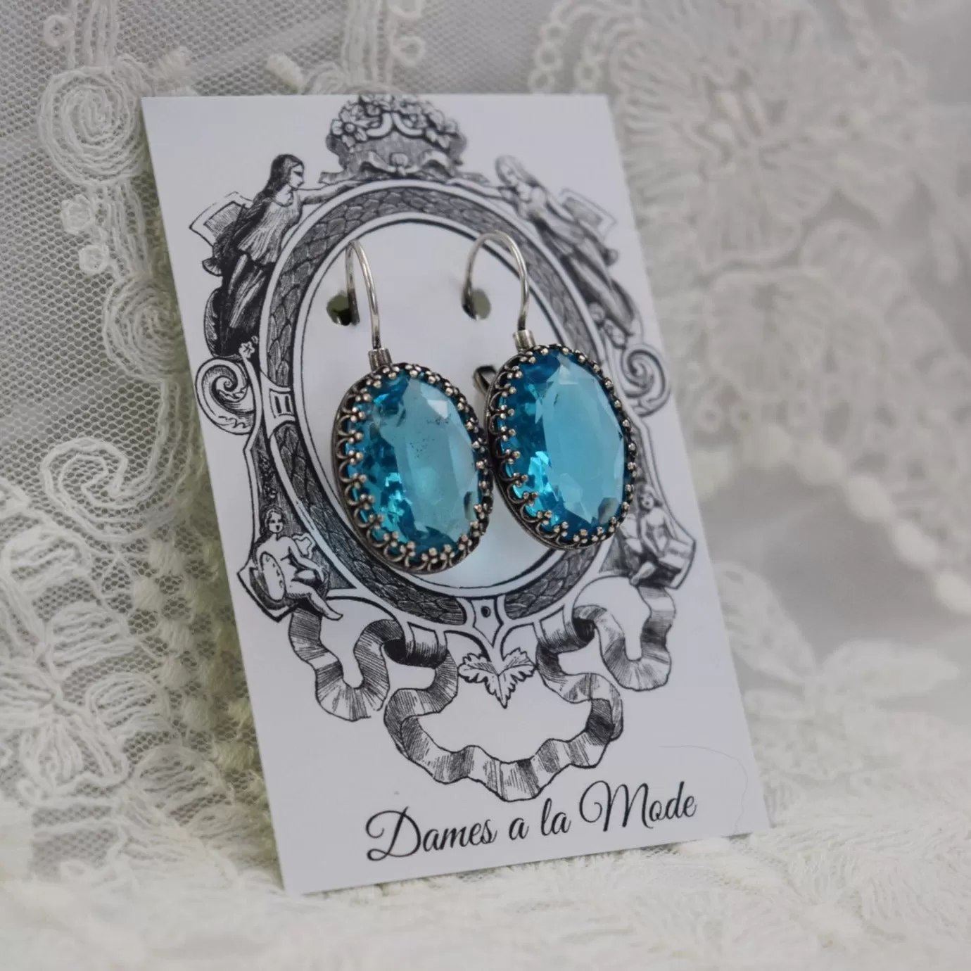 Aqua Blue Crystal Crown Earrings - Large Ovals