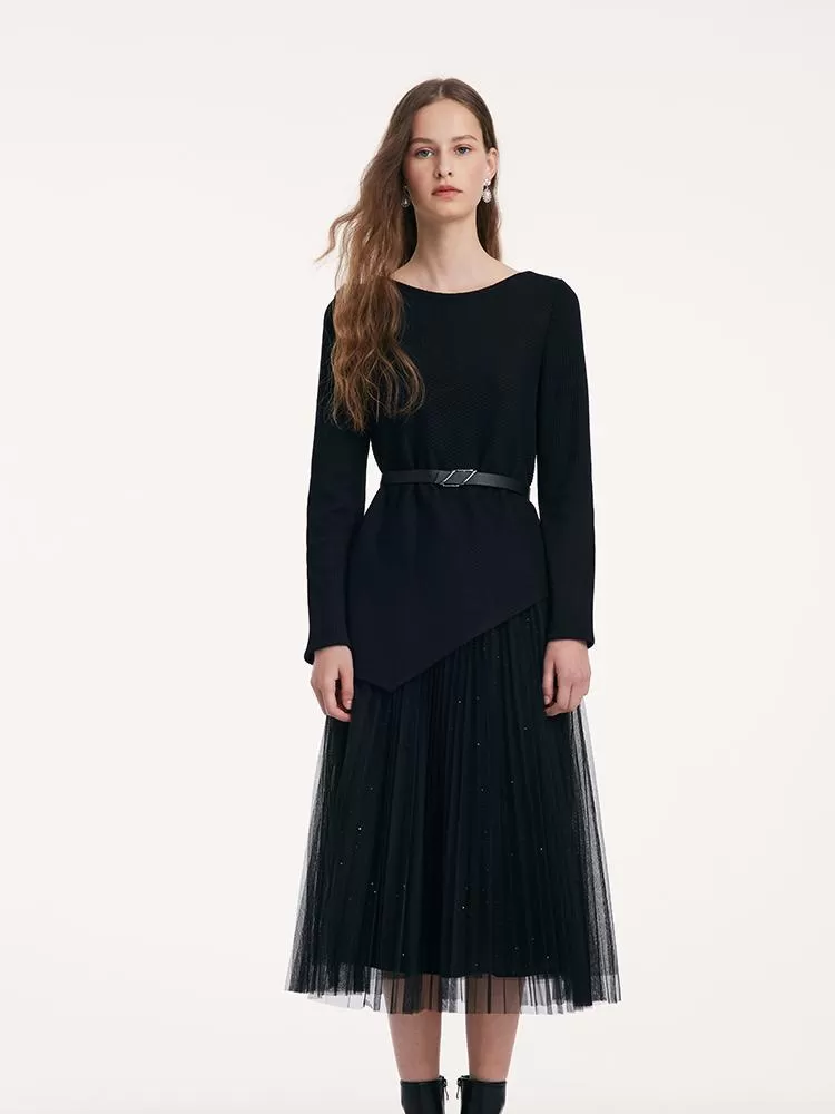 Asymmetrical Hem Top And Tulle Women Skirt With Belt Two-Piece Set