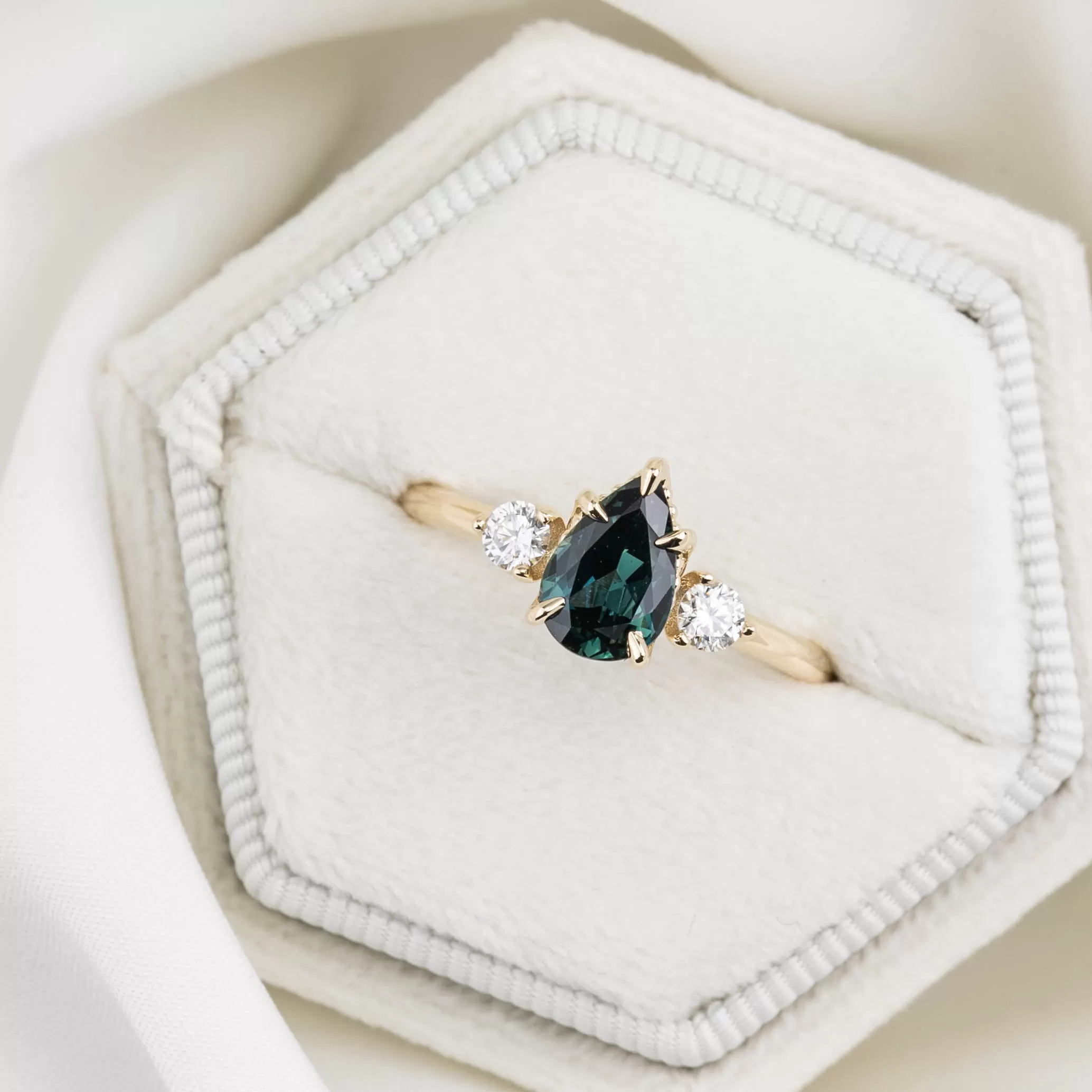 Ayana Ring 1.09ct Teal Blue Pear Queensland Sapphire, 14K Yellow Gold (One of a kind)